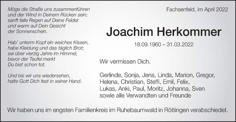  Traueranzeige für Joachim Herkommer vom 09.04.2022 aus Schwäbische Post