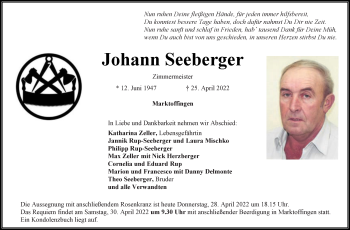 Traueranzeige von Johann Seeberger von Schwäbische Post