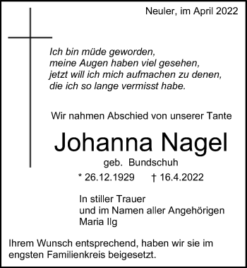 Traueranzeige von Johanna Nagel