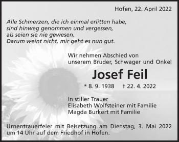 Traueranzeige von Josef Feil von Schwäbische Post