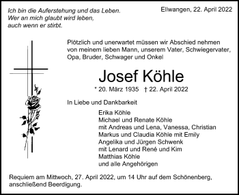 Traueranzeige von Josef Köhle von Schwäbische Post