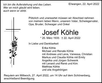 Traueranzeige von Josef Köhle