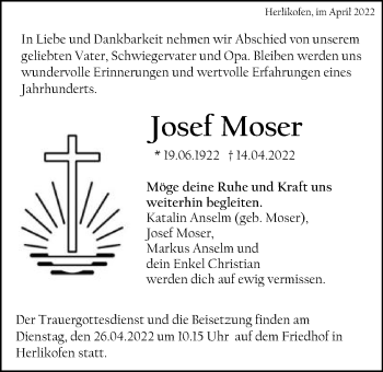 Traueranzeige von Josef Moser von Gmünder Tagespost