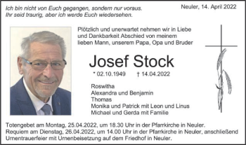 Traueranzeige von Josef Stock von Schwäbische Post