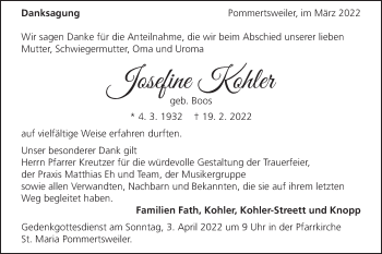 Traueranzeige von Josefine Kohler von Kocher-Lein-Bote