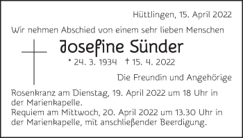 Traueranzeige von Josefine Sünder von Schwäbische Post