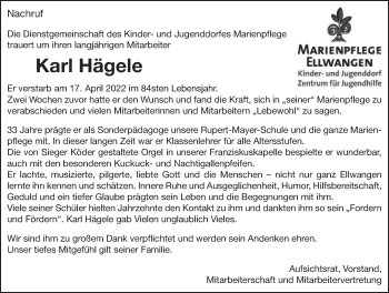 Traueranzeige von Karl Hägele von Schwäbische Post