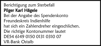 Traueranzeige von Karl Hägele von Schwäbische Post