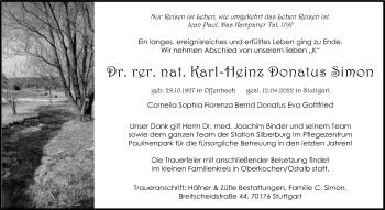 Traueranzeige von Karl-Heinz Donatus Simon von Schwäbische Post