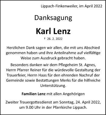 Traueranzeige von Karl Lenz von Schwäbische Post
