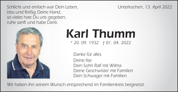 Traueranzeige von Karl Thumm von Schwäbische Post