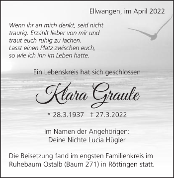 Traueranzeige von Klara Graule von Schwäbische Post