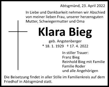 Traueranzeige von Klara Bieg von Schwäbische Post