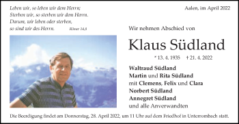 Traueranzeige von Klaus Südland von Schwäbische Post
