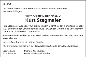 Traueranzeige von Kurt Stegmaier von Gmünder Tagespost