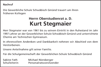 Traueranzeige von Kurt Stegmaier