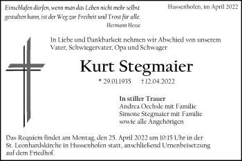 Traueranzeige von Kurt Stegmaier von Gmünder Tagespost