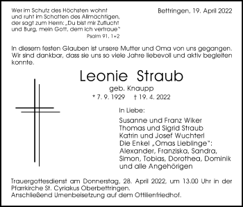 Traueranzeige von Leonie Straub von Gmünder Tagespost