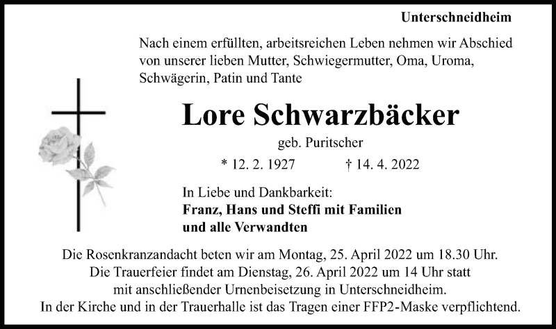  Traueranzeige für Lore Schwarzbäcker vom 21.04.2022 aus Schwäbische Post