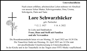 Traueranzeige von Lore Schwarzbäcker von Schwäbische Post