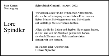 Traueranzeige von Lore Spindler von Gmünder Tagespost