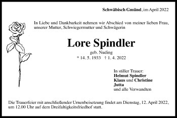 Traueranzeige von Lore Spindler von Gmünder Tagespost