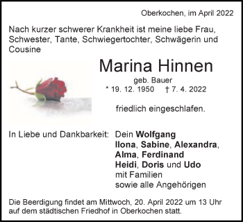 Traueranzeige von Manna Hinnen von Schwäbische Post