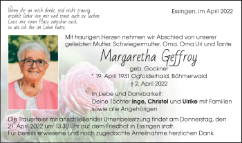 Traueranzeige von Margaretha Geffroy  von Schwäbische Post