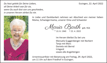 Traueranzeige von Maria Barth von Schwäbische Post