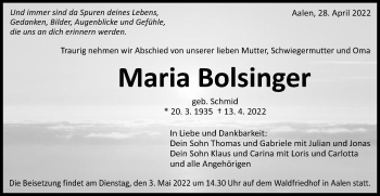 Traueranzeige von Maria Bolsinger von Schwäbische Post