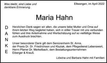 Traueranzeige von Maria Hahn von Schwäbische Post