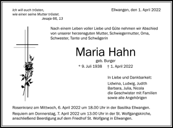 Traueranzeige von Maria Hahn von Schwäbische Post
