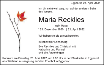 Traueranzeige von Maria Recklies von Schwäbische Post