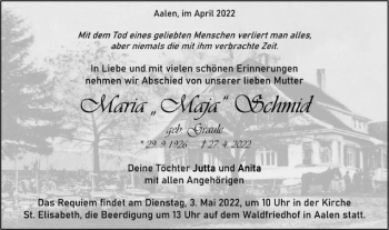 Traueranzeige von Maria Schmid von Schwäbische Post