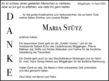 Traueranzeige von Maria Stütz von Gmünder Tagespost