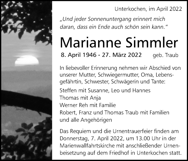  Traueranzeige für Marianne Simmler vom 04.04.2022 aus Schwäbische Post