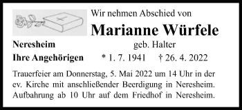 Traueranzeige von Marianne Würfele von Schwäbische Post