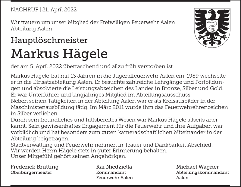  Traueranzeige für Markus Hägele vom 21.04.2022 aus Schwäbische Post