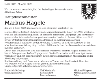Traueranzeige von Markus Hägele von Schwäbische Post