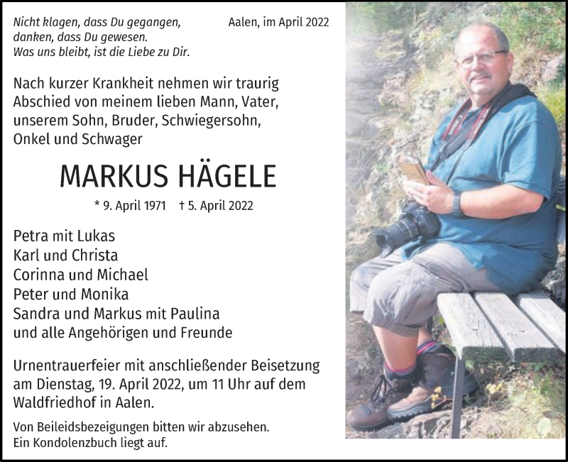  Traueranzeige für Markus Hägele vom 13.04.2022 aus Schwäbische Post
