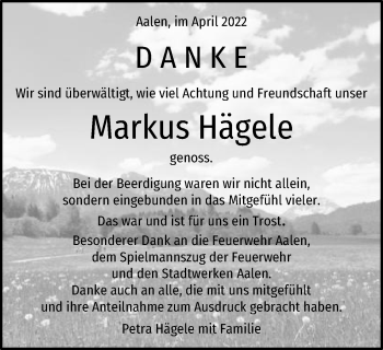 Traueranzeige von Markus Hägele von Schwäbische Post
