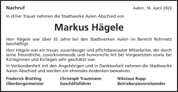 Traueranzeige von Markus Hägele von Schwäbische Post