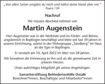 Traueranzeige von Martin Augenstein von Schwäbische Post