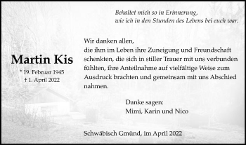 Traueranzeige von Martin Kis von Gmünder Tagespost