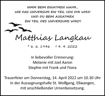 Traueranzeige von Matthias Langkau von Schwäbische Post