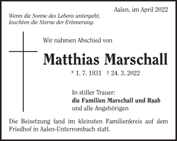 Traueranzeige von Matthias Marschall von Schwäbische Post