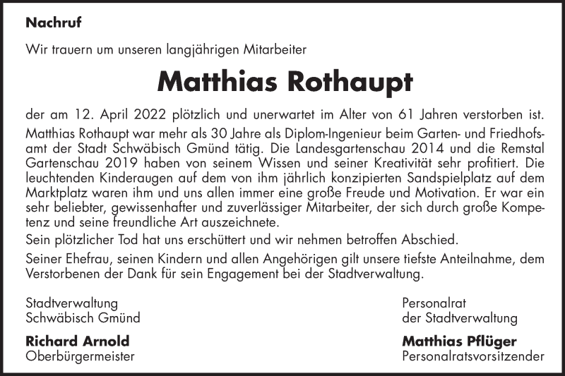  Traueranzeige für Matthias Rothaupt vom 23.04.2022 aus Gmünder Tagespost