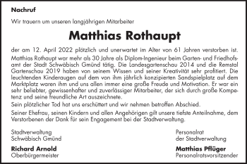 Traueranzeige von Matthias Rothaupt von Gmünder Tagespost