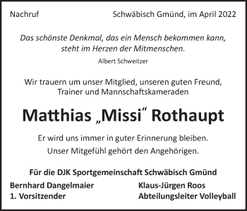 Traueranzeige von Matthias Rothaupt von Gmünder Tagespost