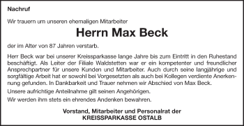Traueranzeige von Max Beck von Gmünder Tagespost